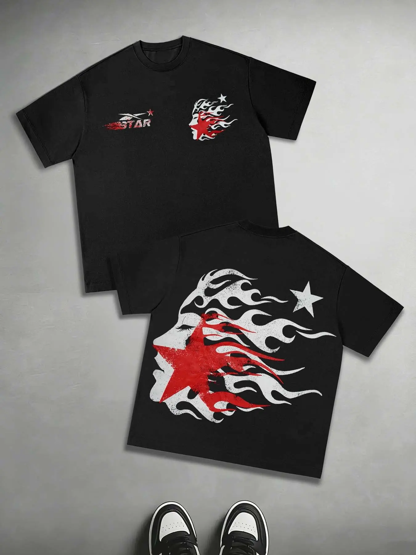 Y2K Rock Style Vintage Black T-Shirt, with Red Star Flame and Woman's Face Prints on Front and Back, Street Style Streetwear Unisex T-Shirt, Versatile, Comfortable and Casual Top