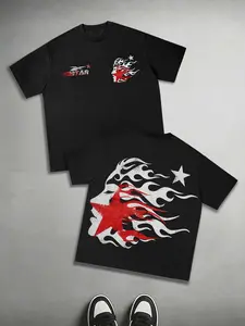 Y2K Rock Style Vintage Black T-Shirt, with Red Star Flame and Woman's Face Prints on Front and Back, Street Style Streetwear Unisex T-Shirt, Versatile, Comfortable and Casual Top