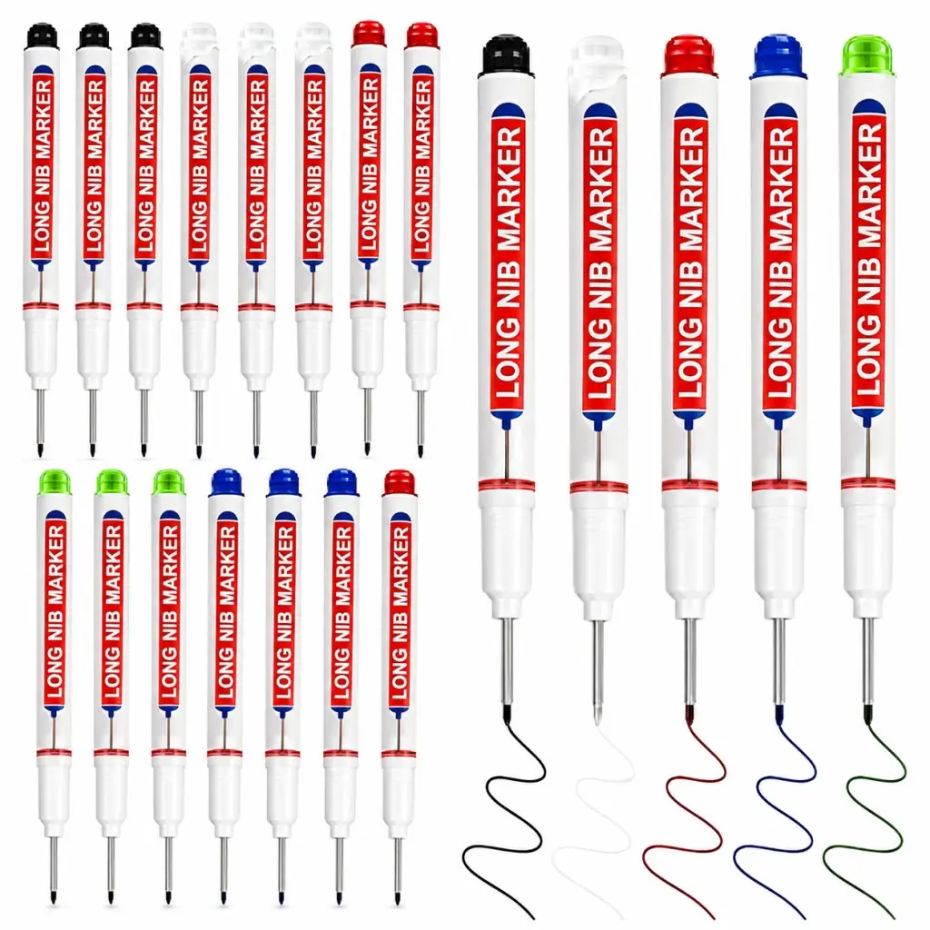 20 Pcs Long Nib Marker Set 20mm Long Head Deep Hole Marker Pens Deep Reach Permanent Paint Markers Marking Pen for Metal Drilling Construction Carpenter（Black,White,Blue,Red,Green）