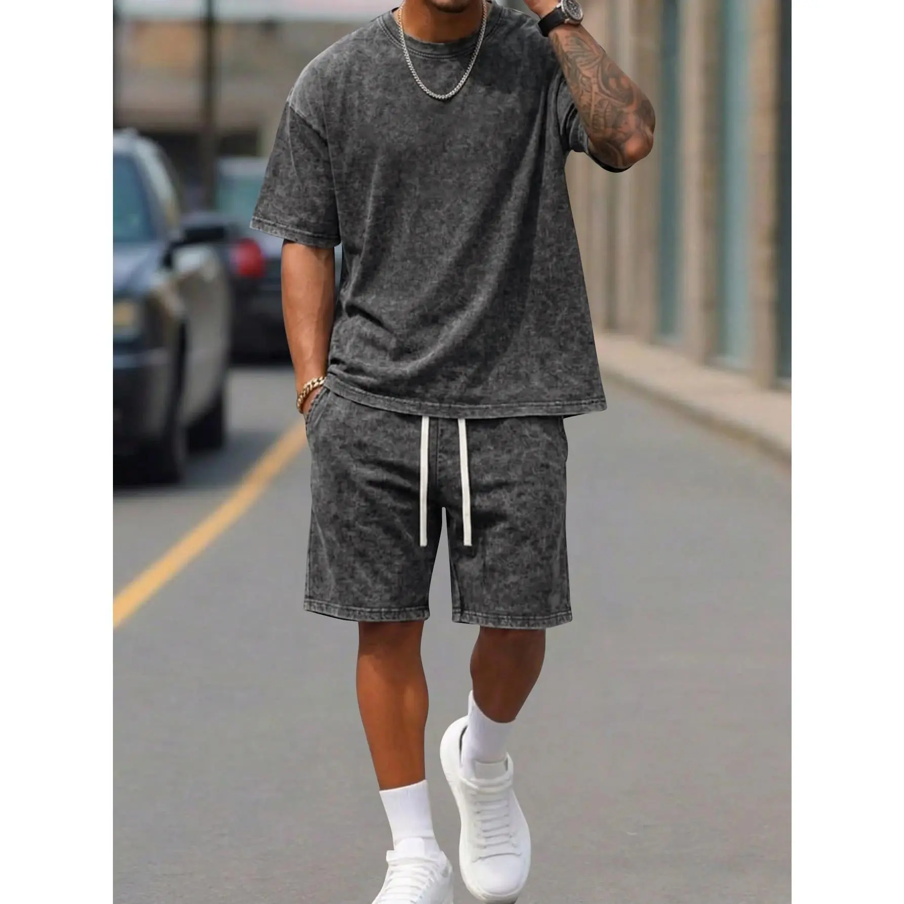 Men’s Vintage Washed Casual Athletic Short Sleeve Tee & Shorts Set, Unique Y2K American Streetwear Outfit, Soft Lightweight Breathable Cotton Fabric, Ideal for Surfing, Basketball & Daily Wear