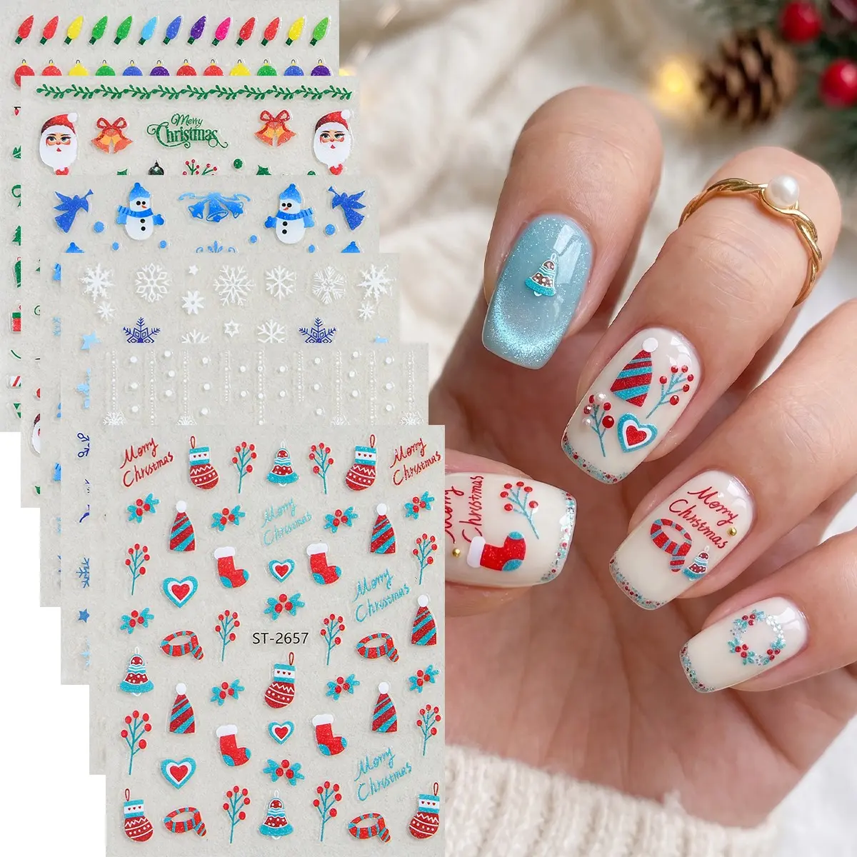 6pcs Christmas Nail Art Stickers, Glittering Holiday Designs, Santa Claus Snowflake Reindeer Patterns Nail Decals, DIY Festive Manicure Decorations