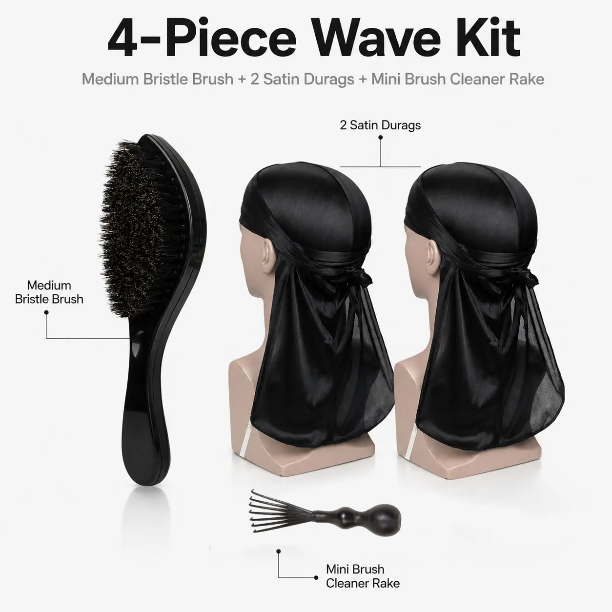 4-Piece 360 Wave Kit for Men with Medium Bristle Wave Brush, 2 Satin Durags & Mini Brush Cleaner Rake for Wave Training and Hair Care