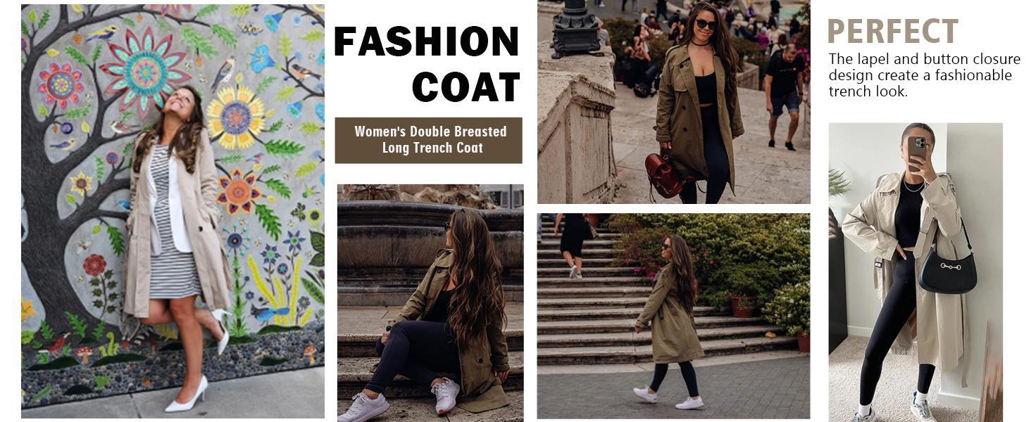 Imily Bela Women's Double Breasted Long Trench Coat Windproof Classic Lapel Slim Overcoat with Belt