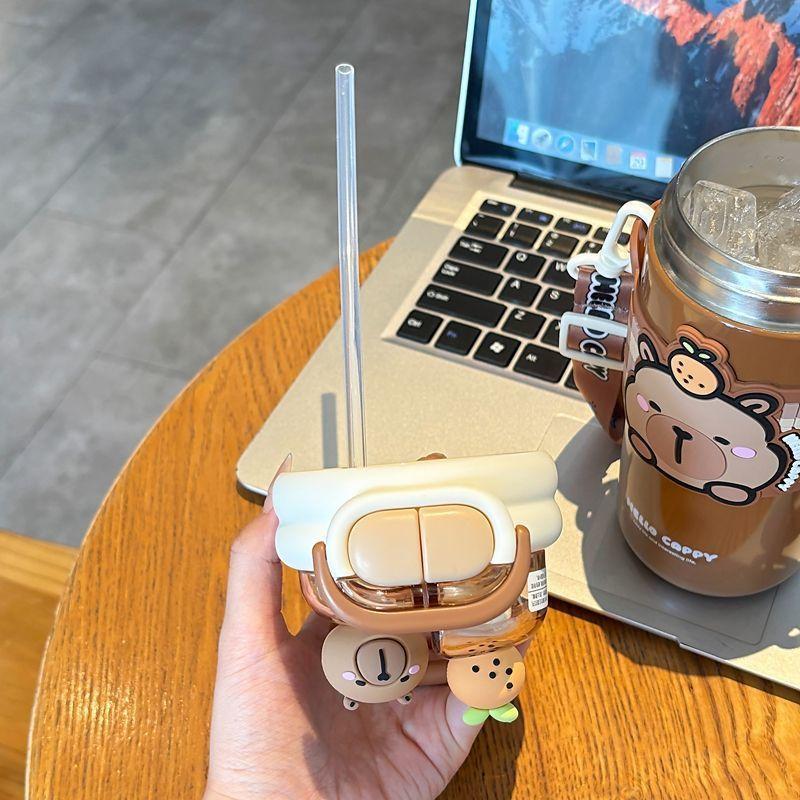 Capybara Children's Straw Insulated Cup for Kids 316 Stainless Steel Cartoon Double Drinking Diagonal Cross Travel Water Bottle