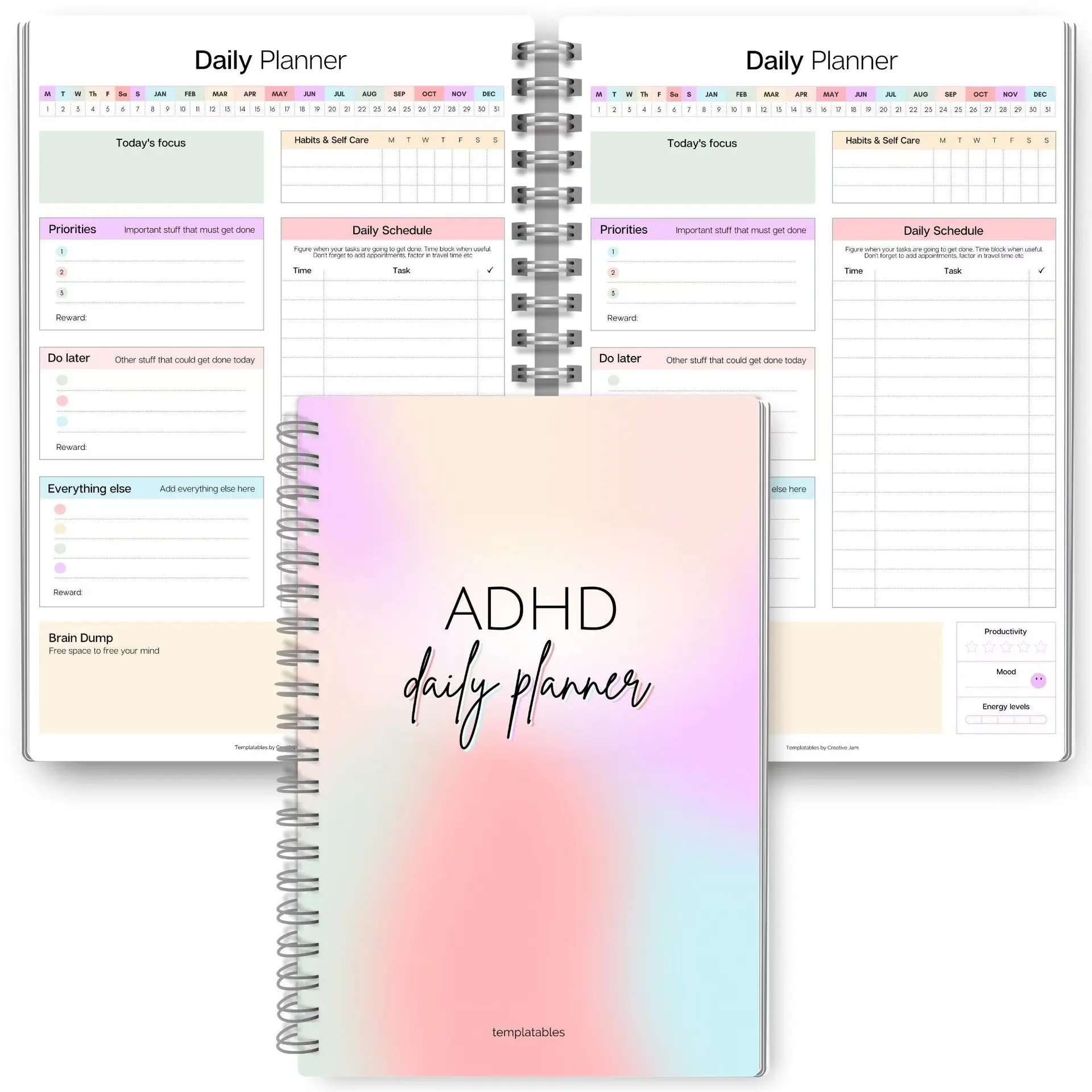Soft Macaron Blue Gradient Adhd Planner Notebook, Priority/time Table/mindfulness Template, Adult Daily Plan Journal