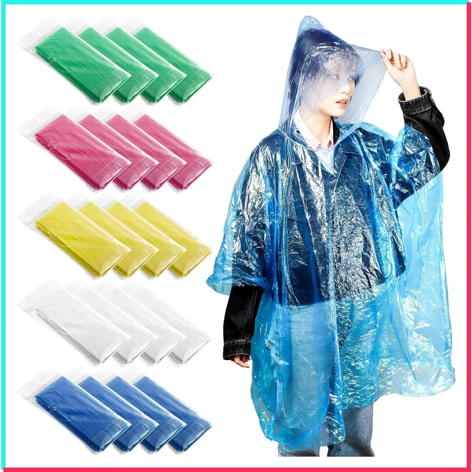 20 Pack Disposable Rain Ponchos for Adults with Hood, Clear Plastic Emergency Raincoats, Individually Wrapped Waterproof Bulk Family Pack for Camping