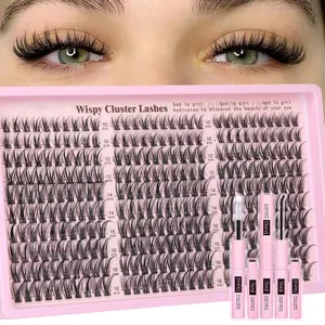 Eyelash Extension Kit, 1 Set Wispy Individual Volumized False Eyelashes with Tweezers, Brush and Remover, Eye Makeup Accessory Set, Fluffy Cluster Lashes