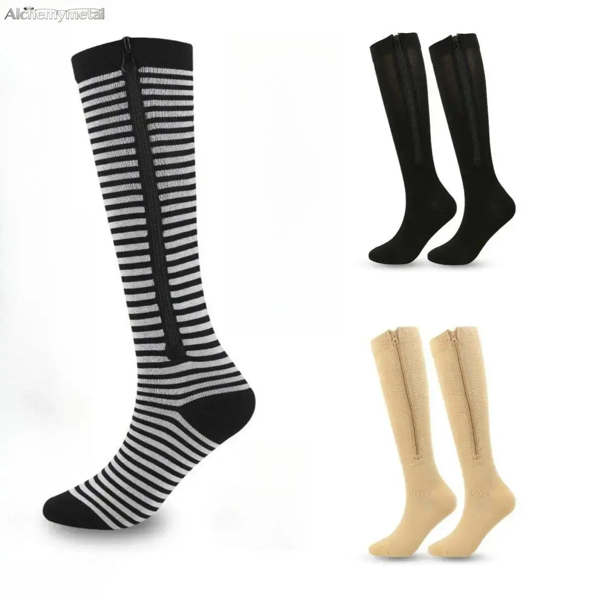 Stripe Long-Calf Compression Socks with Zip-Toe, Thermal Moisture-Wicking Athletic Support for Outdoor Running & Cycling, Athletic Socks, Outdoor Running Socks