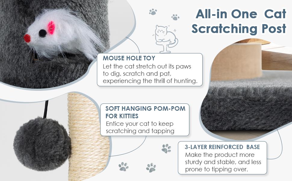 31.5" Tall Cat Scratching Post, Natural Sisal Scratcher with Large Plush Base & Interactive Toys for All Cats,Grey