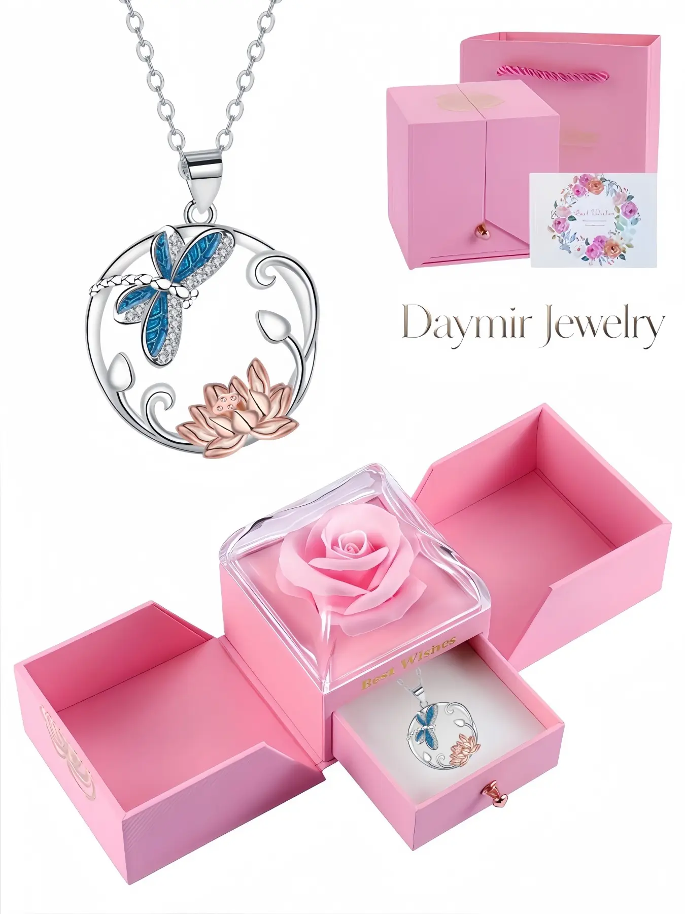 "Lotus Dragonfly Shadow" Original fresh-style butterfly gem necklace with fade-resistant finish. Comes with surprise double-door simulated preserved rose jewelry box. Perfect gift for dating, Valentine’s Day, Christmas and all holiday occasions.