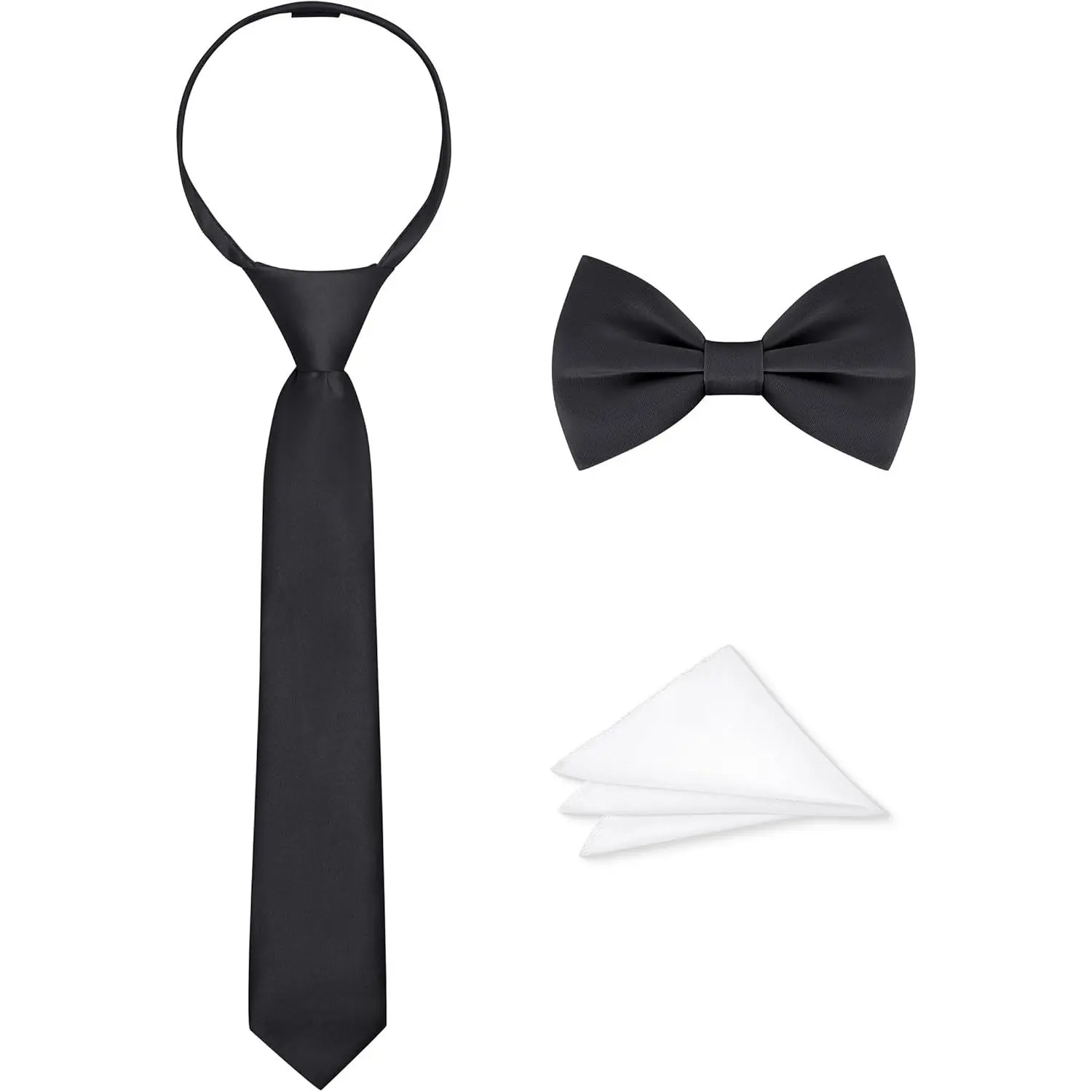 3-Piece Black Boys Tie Set, Pre-Tied Bow Tie, Necktie with Adjustable Zipper, Pocket Square, For Wedding, Graduation, Prom, Concert & Special Events 17.32" Soild Color