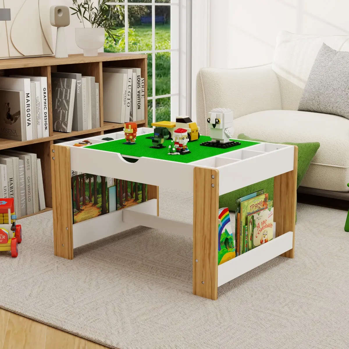 2-in-1 Kids Wooden Activity Table - E1 MDF UV Paint, 2-in-1 Play Tabletop, 6 Storage Compartments, Detachable Divider, Whiteboard Top, Integrated Play Design, 80 lbs Capacity, Assembly Required, Standard Children Activity Table for Toddlers, Zero‑Carbon P