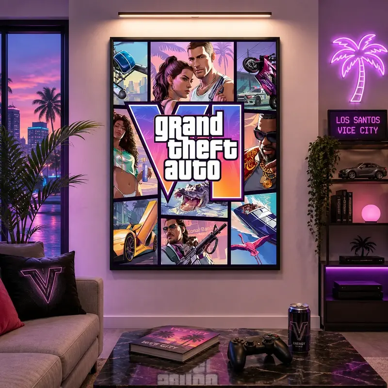 GTA 6 Poster, Grand Theft Auto VI Release Date Poster Wall Art Aesthetic Poster Quirky Animal Oil Painting Style Fun Picture Canvas for Teen Room Bedroom Studio Unique Wall Decor Home Decor Picture with Wooden Frame GTA 6 Gaming Room Decor, Gamer Gift
