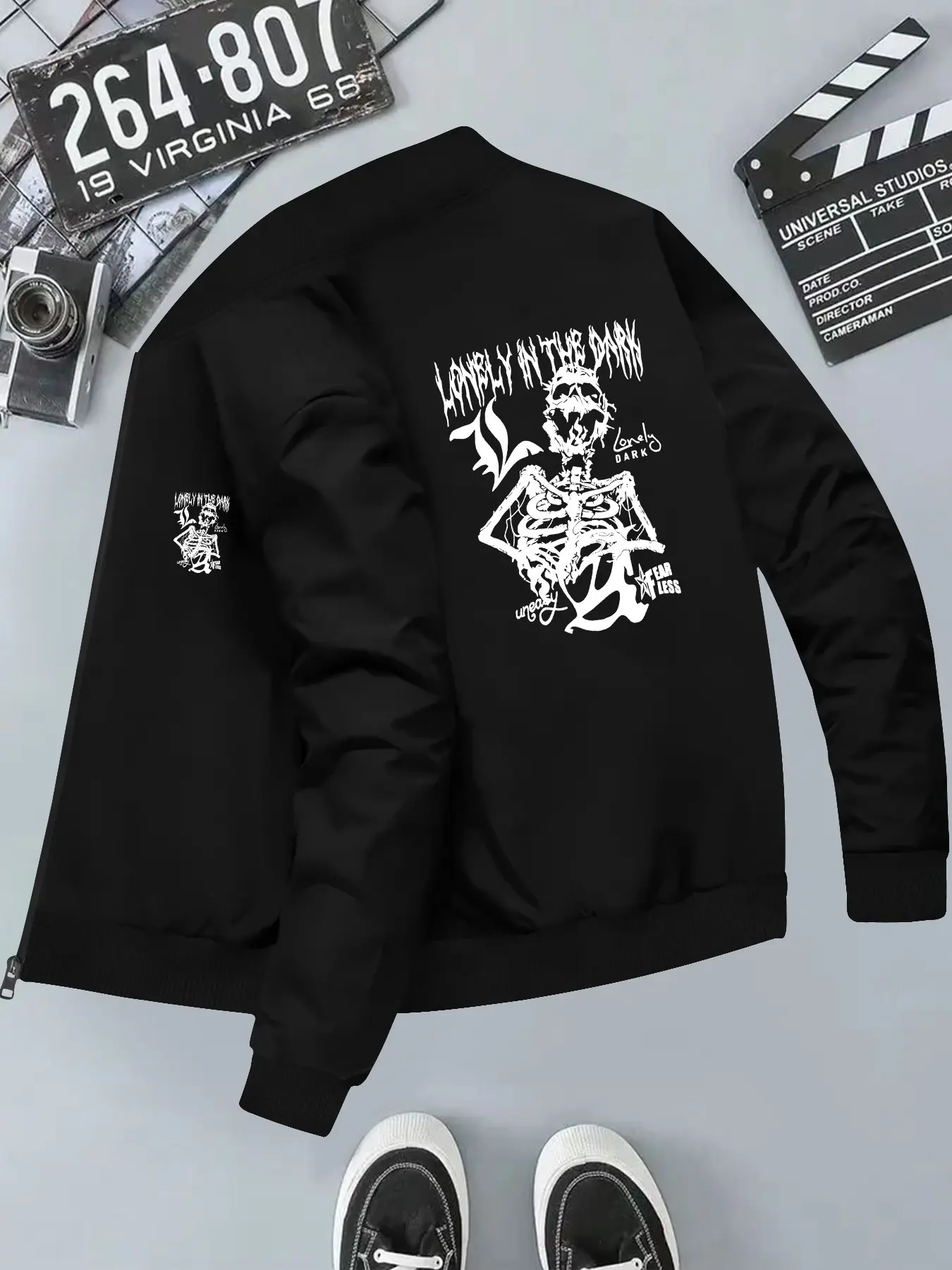 Skull Print Men's Hooded Casual Jacket, Long Sleeve Slim-Fit, All Seasons, Polyester Fiber, Plain Surface, Unlined