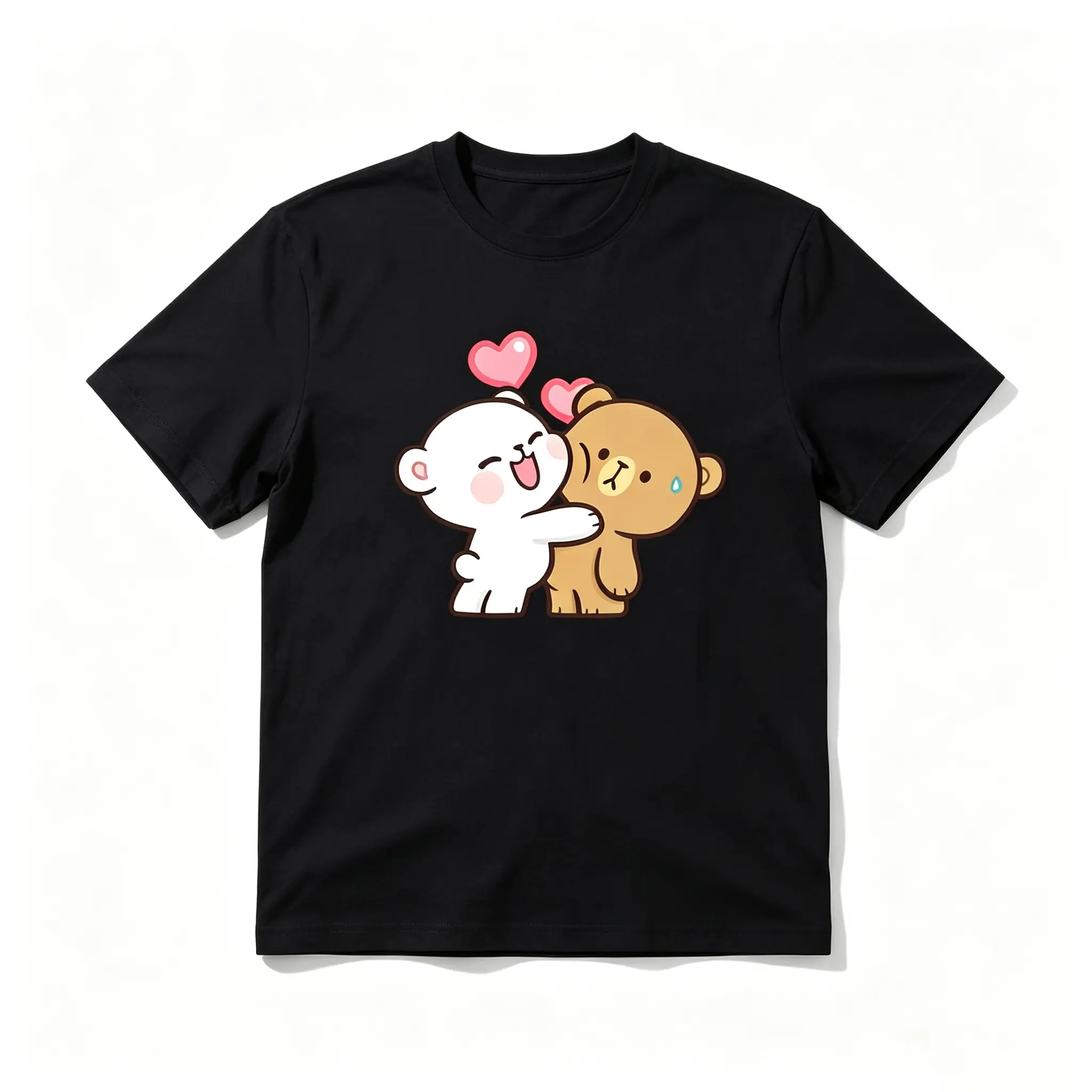Cute Hugging Cartoon Bears Pink Hearts Graphic Short Sleeve Top, Sweet Kawaii Couple Animal Slogan Tee, Trendy Love Vibe Casual Outfit For Women