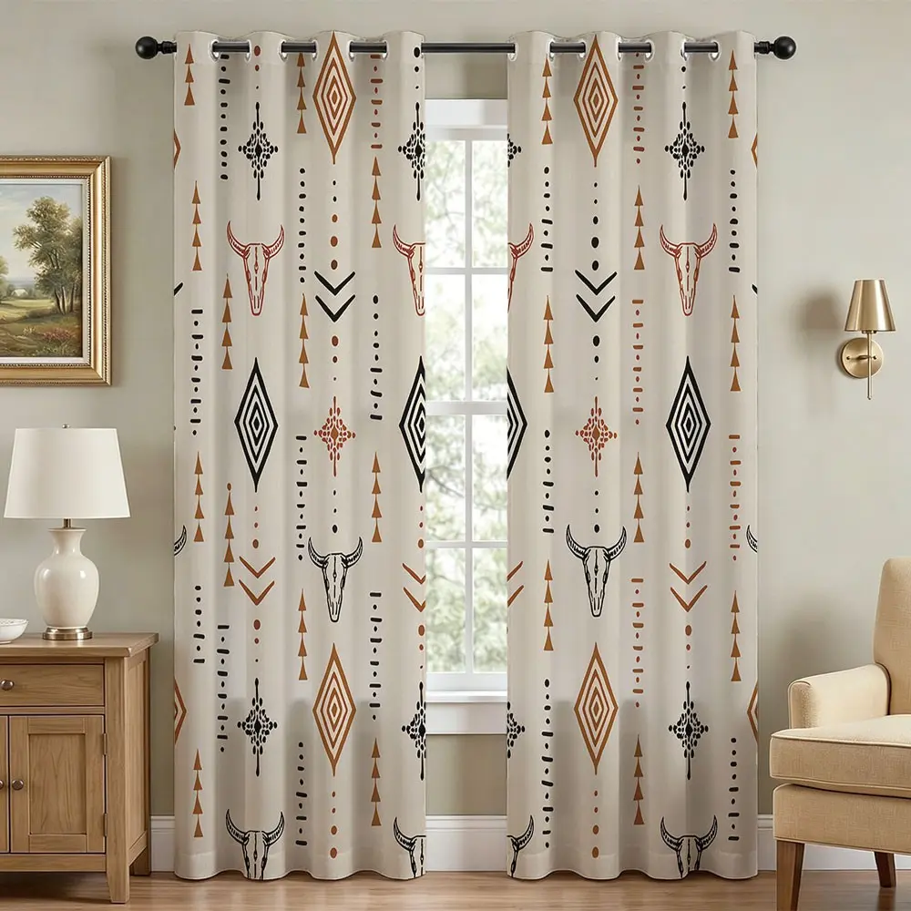 2 Panels 60-65% Boho Blackout Window Curtains, Aztec Bull Skull Print Light Blocking Room Darkening Drapes, Country Farmhouse Style Home Decorative Curtain for Living Room Bedroom Kitchen Home Decor