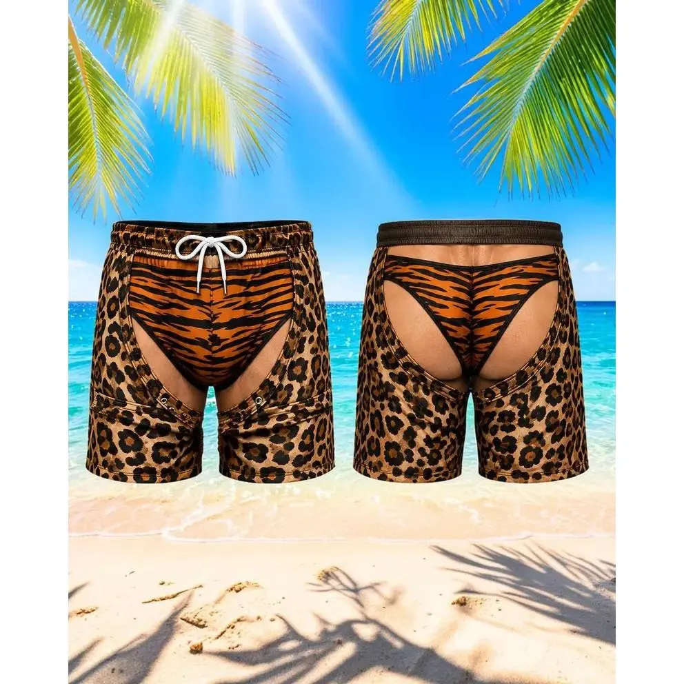 Men Beach Shorts,Leopard Chaps Tiger Brief,Funny Swim Trunks Gift For Boyfriend Husband,Summer Holiday Vacation Pool Party Funny Swimsuit,Custom Skin Tone Available # FunnyShorts # NoveltyMensSwim Party # BeachVacationOutfit # FunnyShorts # NoveltyMensSwi