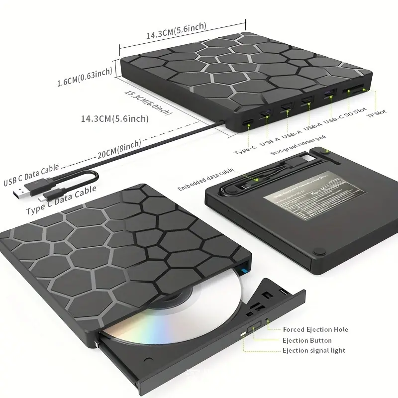 Portable External DVD & CD Reader Writer, USB3.0 & Type-C Multi Function Optical Drive Built-in Card Reader and Expansion USB Port, Universal Optical Accessory Compatible with Notebook & Desktop Computers