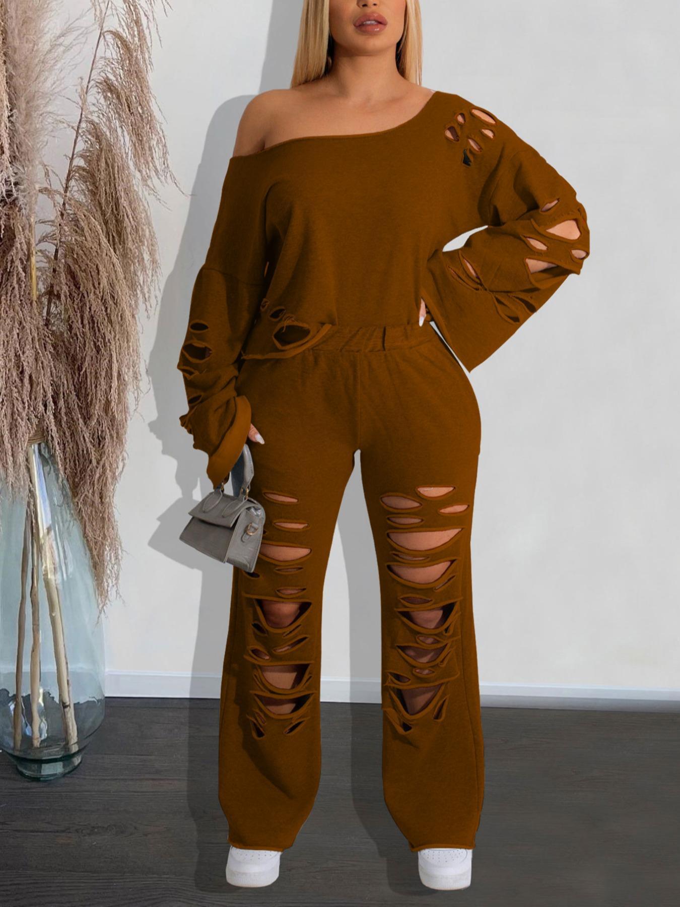 Women's Ripped Asymmetrical Neck Jersey Pullover & Wide Leg Pants Set, Solid Drop Shoulder Top & Ripped Trousers Set, Fashion Cozy Outfits for Daily Wear, Co-ord Sets for Women, Sweatsuit Set Outfit, Clothes