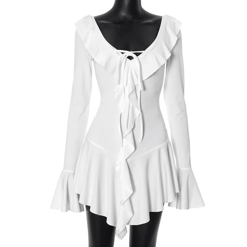 Ruffled Lace-Up White Mini Dress Women's V-Neck Patchwork Long Sleeve Sexy Slim Dress Bandage Elegant Female Summer Dress Casual Womenswear