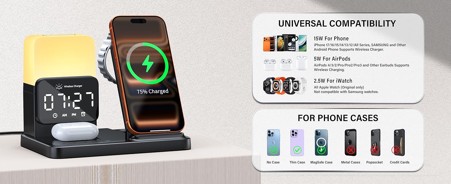 6-in-1 Wireless Charging Station, Charger Stand for Apple Multiple Devices, for iPhone 17 16 15 14 13 12 Pro Max Watch Airpods, Wireless Charger iPhone Charging Station with Night Light/Alarm Clock