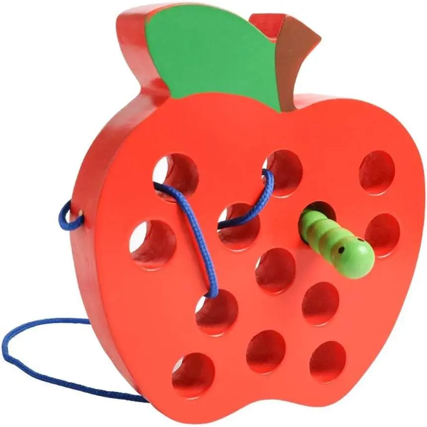 Wooden Lacing Apple Threading Toys Wood Lace Block Puzzle Shape Travel Game, Early Learning Educational Toy Develop Fine Motor Skills, Great Gift for 3 4 5 Years Old Toddlers Baby Kids Boys