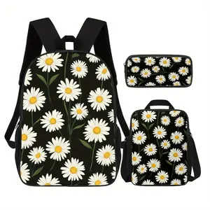Floral Theme 3pcs Backpack Set Featuring Daisies, 17 Inch Bookbag with Coordinated Lunch Tote and Stationery Bag, Designed for Leisure Use, Day Trips, Office Work, and Daily Commutes