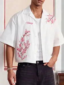 Men's Short Sleeve Blouse, Casual Street Style, Cherry Blossom Print, Loose Fit, Trendy Fashion, Outdoor Wear, Fresh and Simple Design