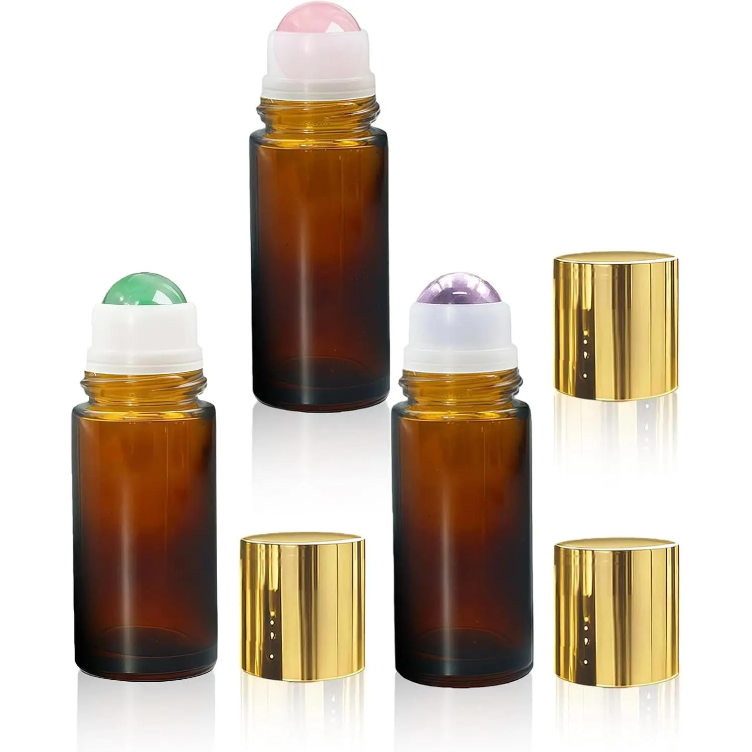 Rose Quartz &  & Green Aventurine Roller Bottles for Essential Oils, 50ml Refillable  Glass Roll  Bottles with   Roller, Leak-Proof Travel Perfume Bottle with  Caps