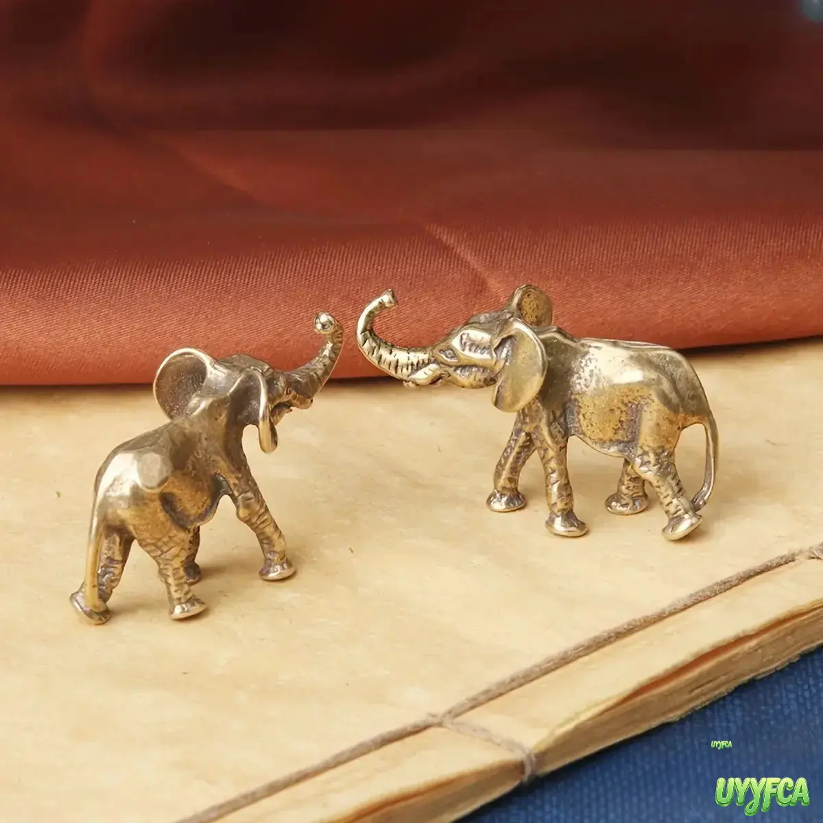 2 Pack Vintage Solid Brass Mini Elephant Figurines, Hand Carved Raised Trunk Lucky Wealth Statues, Retro Distressed Tiny Animal Ornament, Portable Pocket Mini Sculpture For Desk Tabletop Decor, Feng Shui Auspicious Symbol & Birthday Gift