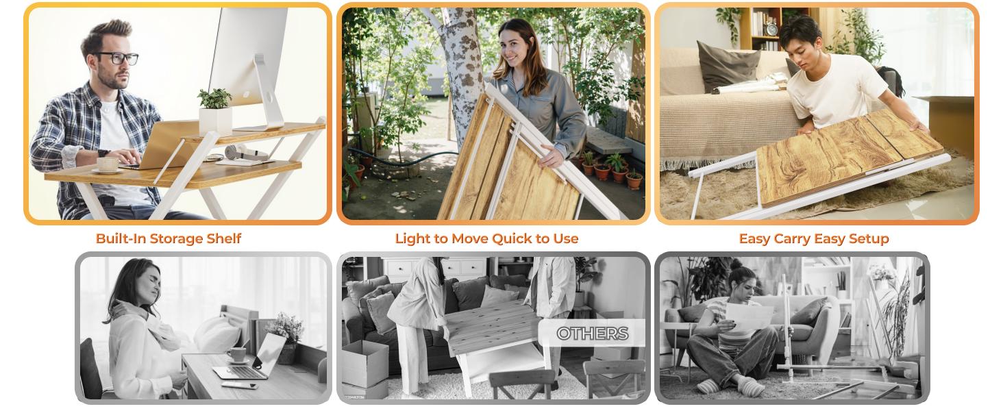 Portable Small Desk No Assembly, 2-Tier Compact Computer Desk with Shelf, Space Saving Foldable Table for Home Office, Bedroom or Apartment, Portable Collapsible Sturdy Laptop Desk, Oak