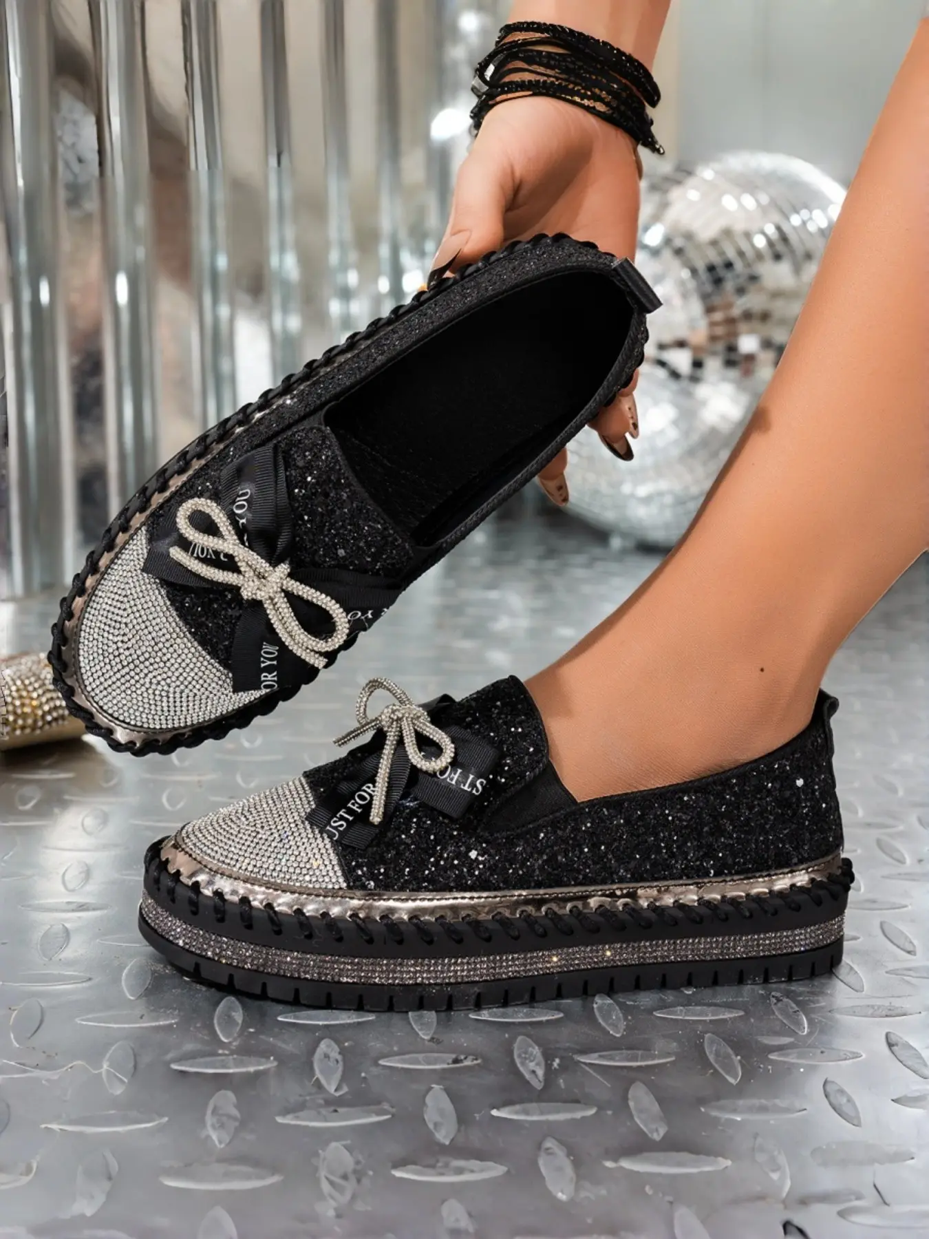 Women's Bling Rhinestone Bow Thick Sole Loafers, Fashion Slip-On Casual Comfortable Anti-Slip Wedge Shoes, Multiple Colors Available
