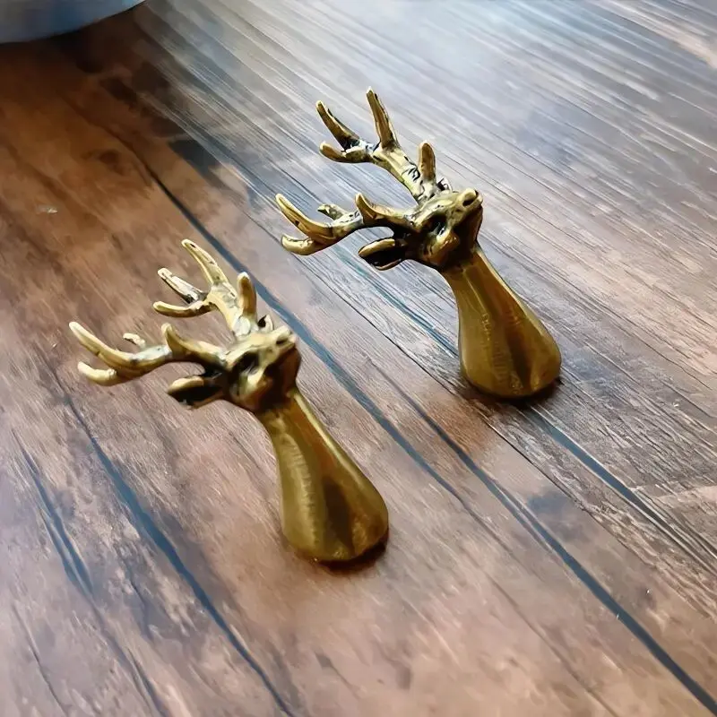 Deer Head Cabinet Handles Antique Brass Animal Drawer Pulls Dresser Metal Knobs 1in,Hardware Home Kitchen Decor- Set of 2