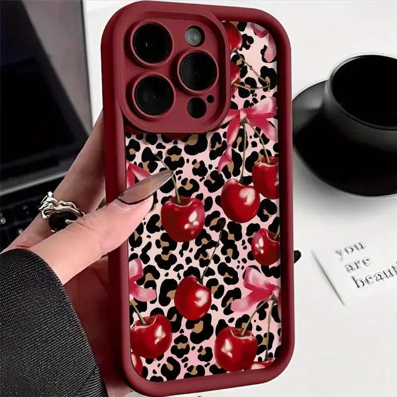 Leopard Cherry Pattern Case for iPhone 17 16 15 14 Pro Max 13 12 11 Plus Shockproof Non Slip Military-Grade Protection Silicone Cover Protector Screen Protector.QXB795