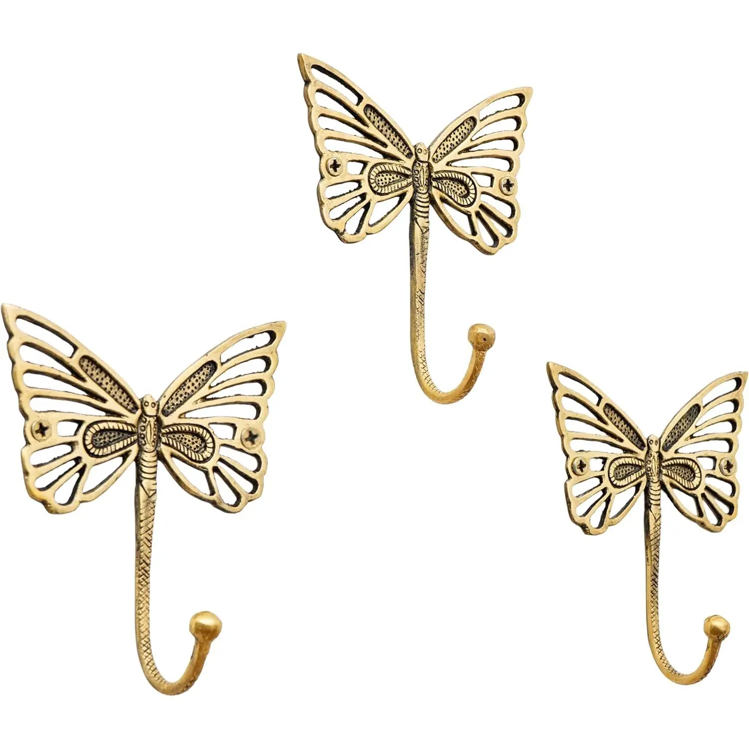 33 Lb. Solid Brass Butterfly Wall Hooks - Vintage Gold Decorative Hooks for Coats, Backpacks- Cute Heavy Duty Hangers for Kids Room, Entryway, Kitchen, Mudroom - Pack of 3