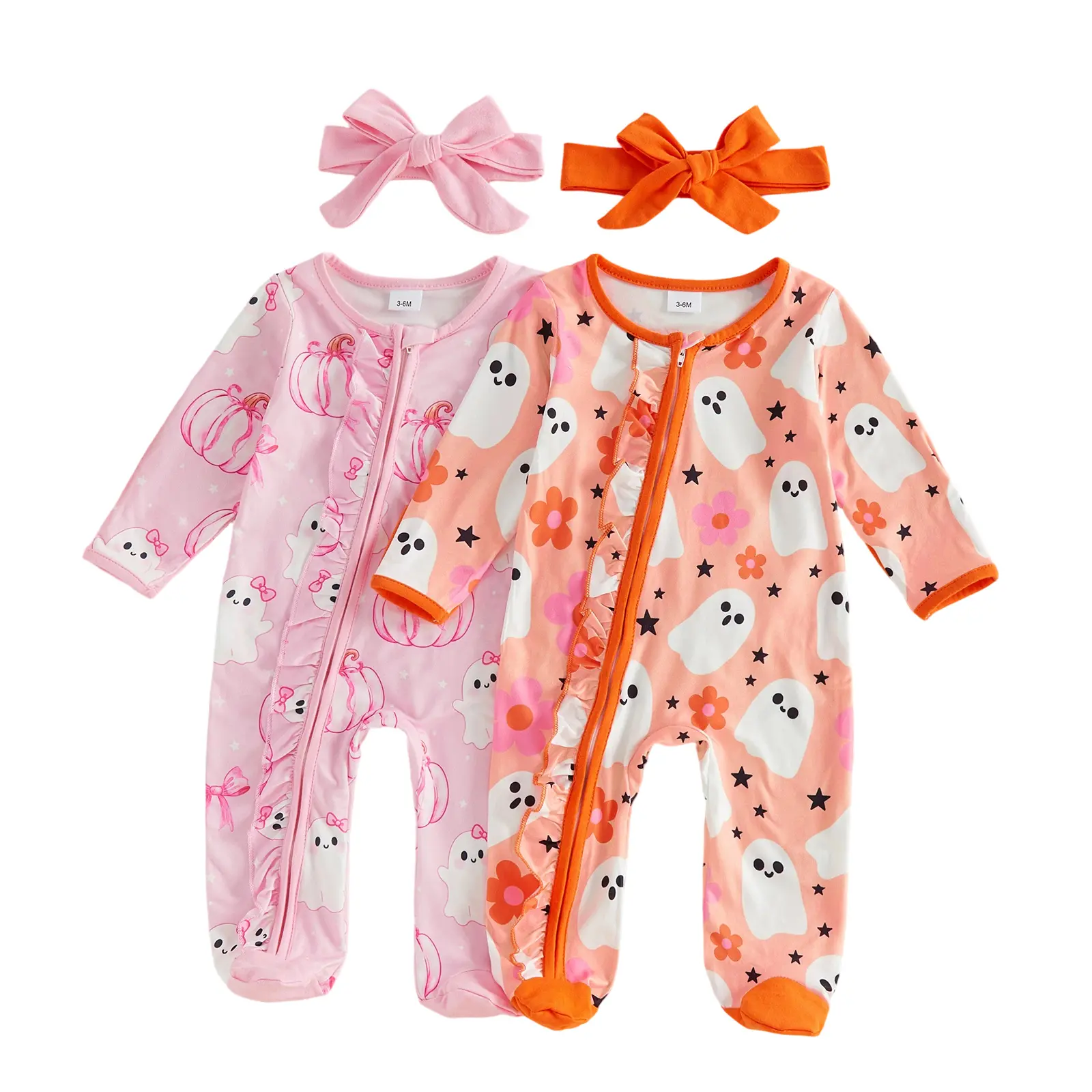 Newborn Baby Girl Halloween 2-Piece Outfit - Ghost Ruffle Trim Footed Romper with Headband, Winter Wear for 0-9 Months