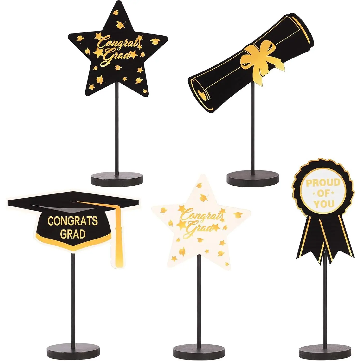 Class of 2026 Graduation Decorations, 5-Piece Wooden Table Centerpieces Set, Black and Gold Keepsake Gifts for Grad Party Supplies, Ornaments, Accessories, Star, Teachers, Sturdy Base