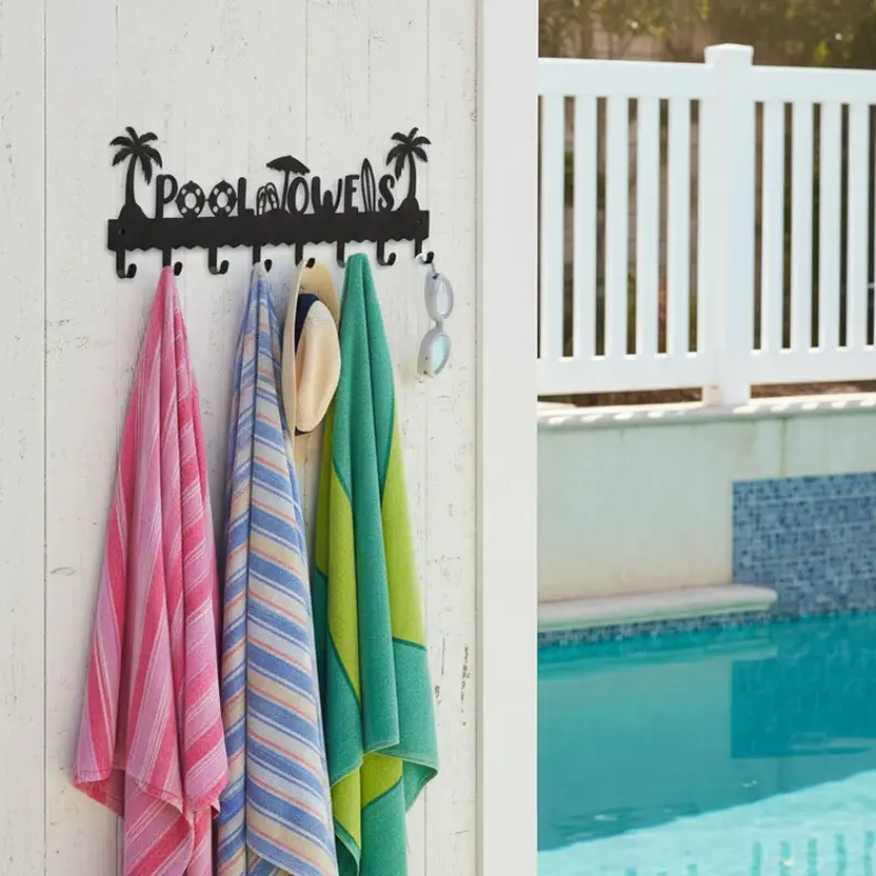 8 Hook Metal Pool Towel & Key Rack, Rust-Resistant Coating, Rustproof Sturdy Heavy Duty Hooks, Tropical Palm Tree Umbrella Design, Wall Mounted Storage Holder, Towel Organizer Holder, Guest Towel Holder, Wall Hooks, Decor, Decorative