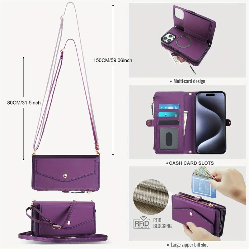 For IPhone 17 16 15 Wallet Case For Women, Support Wireless Charging With Blocking Card Holder, Wallet Detachable Magnetic Phone Case Crossbody Strap_voghion.com