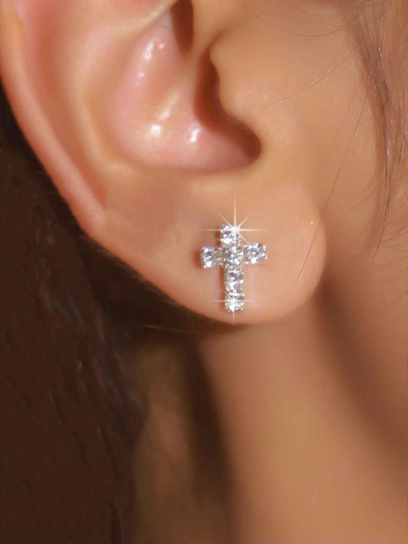 Rhinestone Decorated Cross Design Stud Earrings, Elegant Cubic Zirconia Jewelry for Party, Daily Clothing Decor, Trendy All-match & Exquisite Jewelry for Birthday Gift, Girl Accessories, Studded Cross Earrings, Ear Studs
