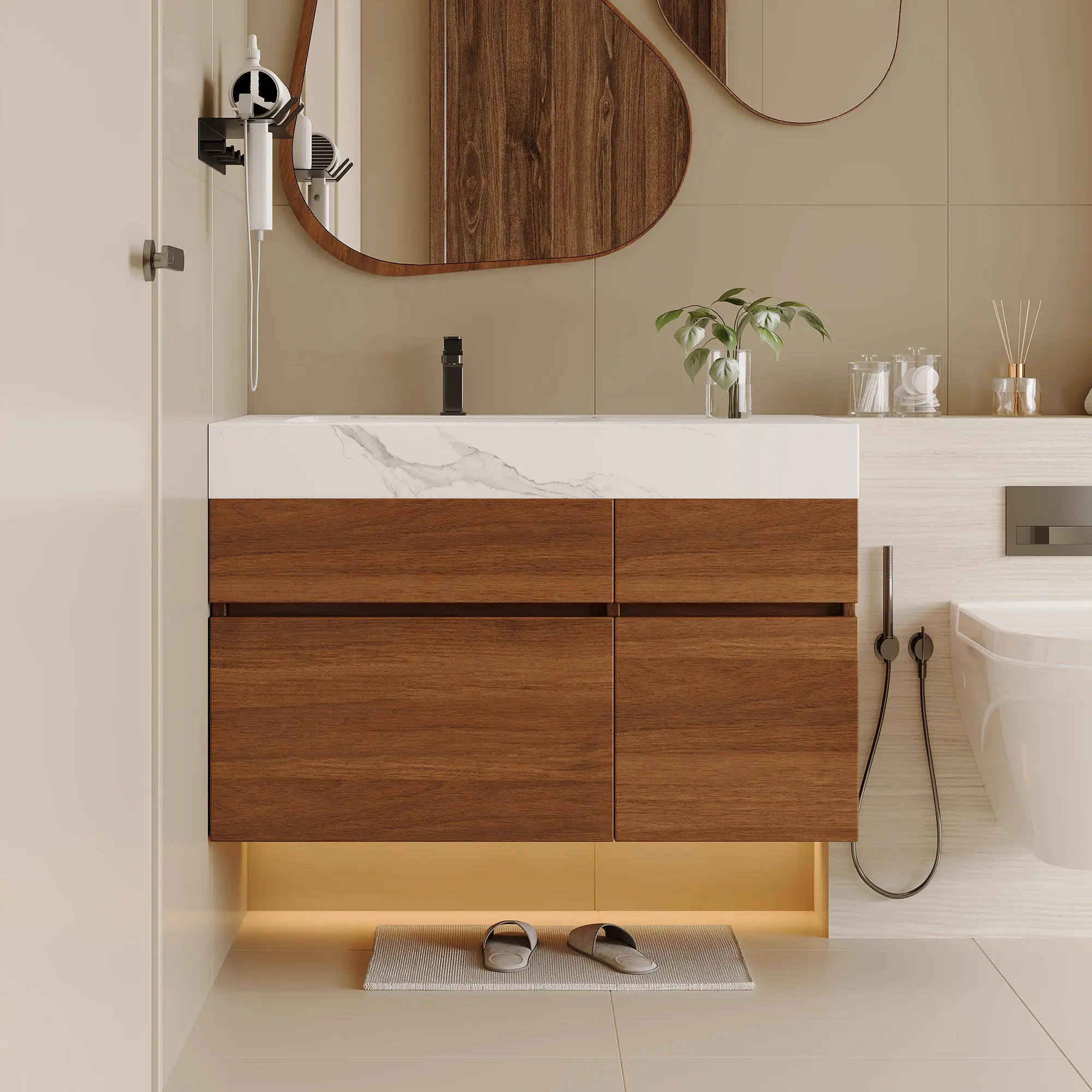 ARCH 36 Inch Modern Floating Bathroom Vanity Cabinet with Seamless Sintered Stone Top and Ceramic Sink, Wall Mounted Bathroom Storage Cabinet with Soft Close Door, for Bathroom Laundry Room, White, Bathroom Furniture for Vanity Area, Storage