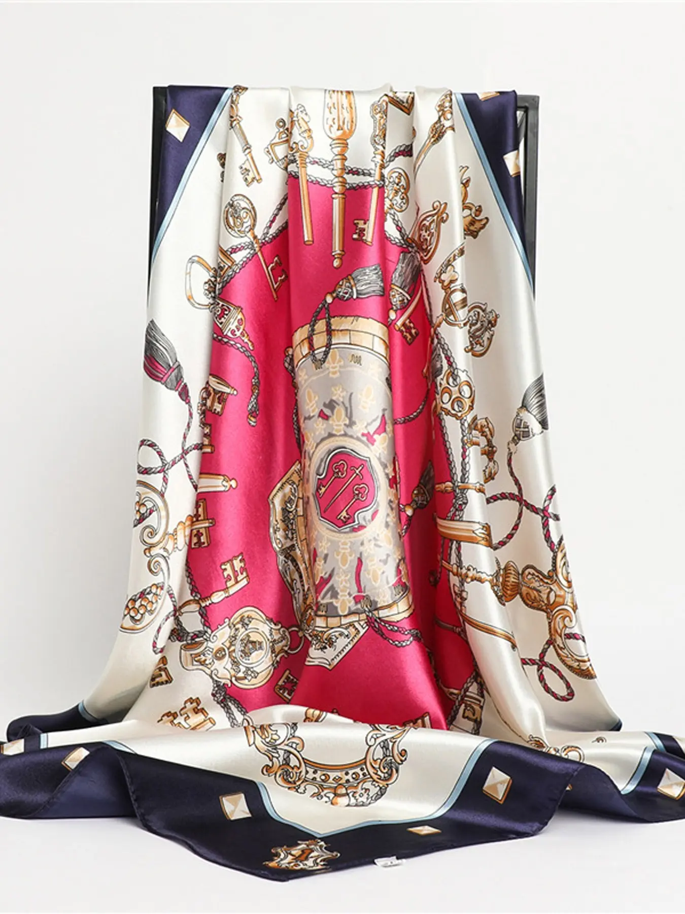 Vintage Key Lock Chain Print Satin Square Scarf, Luxury Equestrian Style Bandana, Multi-Use Hair Wrap Necklace