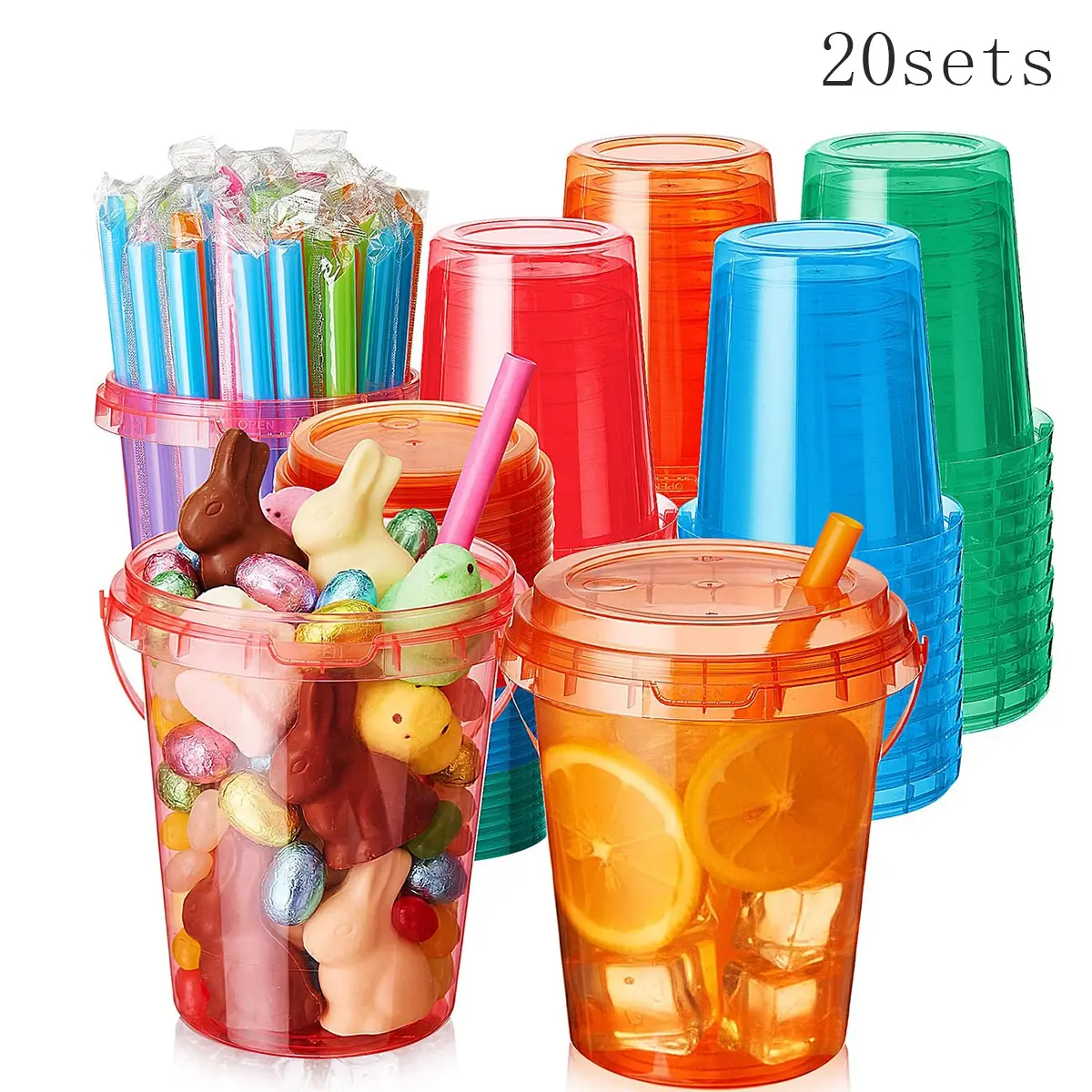 20 Sets Reusable Drink Buckets, 34oz with Lids and Straws, Soft Tone Ice Coffee Cups, Party Supplies for Beach, Pool, Halloween, Christmas