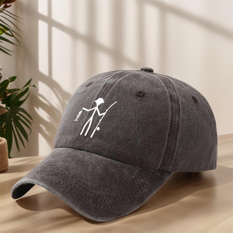Vintage Baseball Cap - Creative Fishing Design, Soft & Comfortable, Breathable & Sweat-Absorbent Polyester, Adjustable Fit for Outdoor Sports, Fishing, Camping - Black with White Graphic Print, Fishing Hat