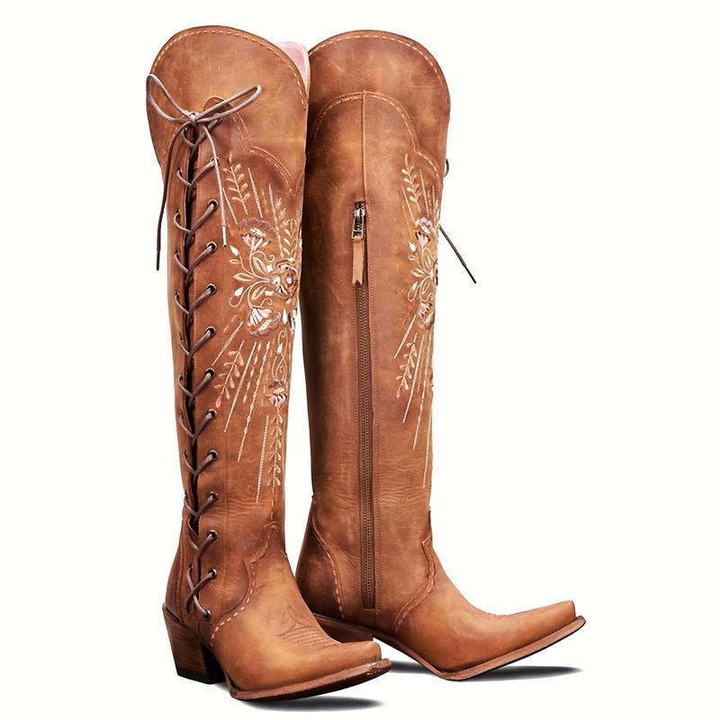Women'sWideCalfCowboyBoots-EmbroideredWesternCowgirlOver-The-KneeLace-UpBootswithPointedToeChunkyHeel,SideZipper,All-SeasonDresses,Halloween,DressyFootwear,BreathableFootwear,DressyBooShoeWalkingShoesBa(Men'sSportswearSet)