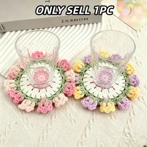 1pc Hand-crocheted rose decorative coaster, round flower heat-resistant mat, decoration for home, office and dining table