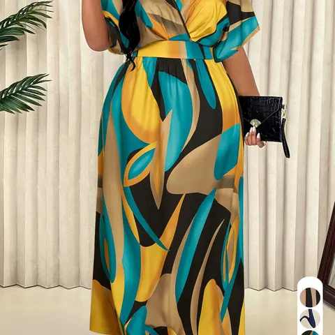Elegant Sexy Women's Geometric Print Dress, Plus Size V Neck High Waist Wrap Dress, Casual Wear, Casual Elegant Dresses, Fitted Woven Fabric, All Seasons Fashion, Elegance, Womenswear