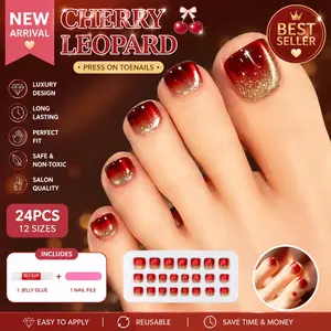 ❤️ Red Cat Eye Toe Press On Nails | Gold Glitter Gradient Pedicure Nails for Vacation, Beach & Summer | Glossy Reusable Toenails | 1 Jelly Glue + 1 Nail File