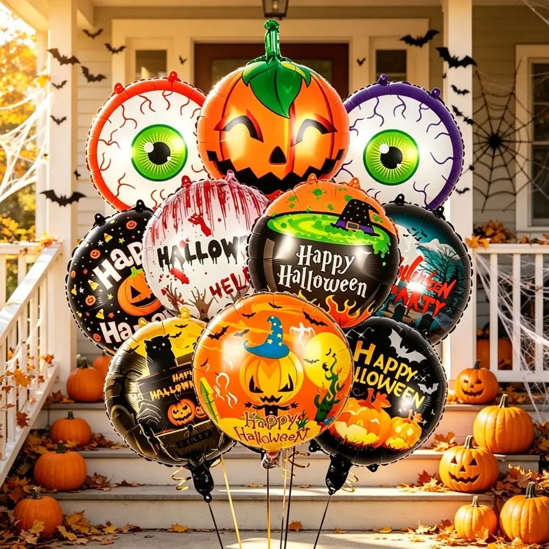 14pcs Halloween Circle Aluminum Foil Balloon Set, Includes Pumpkin, Witch, Cat, Ghost Wait for Halloween core elements ,Perfect for Halloween parties ，Festival indoor and outdoor decorations，Horror-themed decoration，Candy-collecting handheld prop