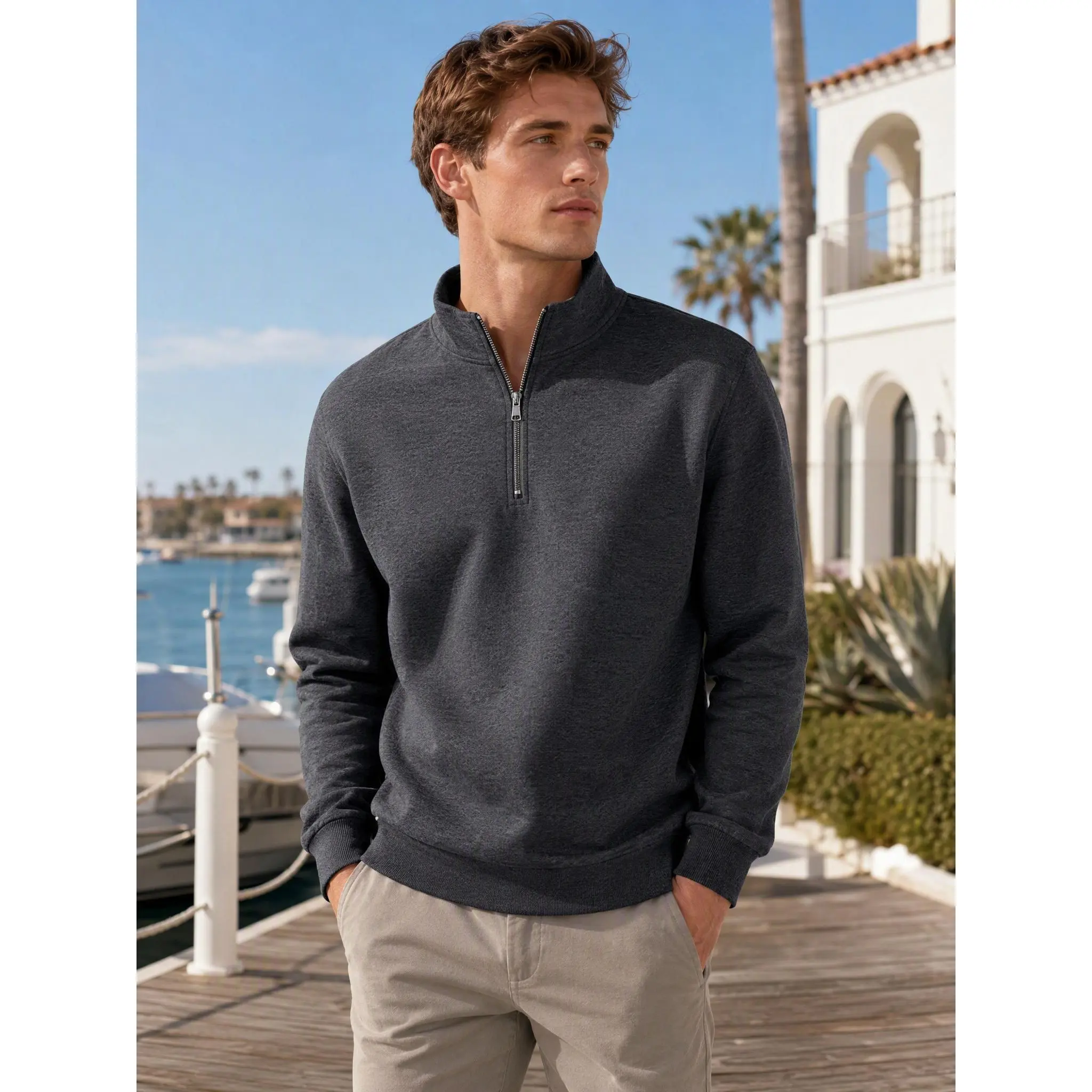 Men’s Half-Zip Crew-Neck Plain Casual Sweatshirt – Cross-Border Sweatshirt
